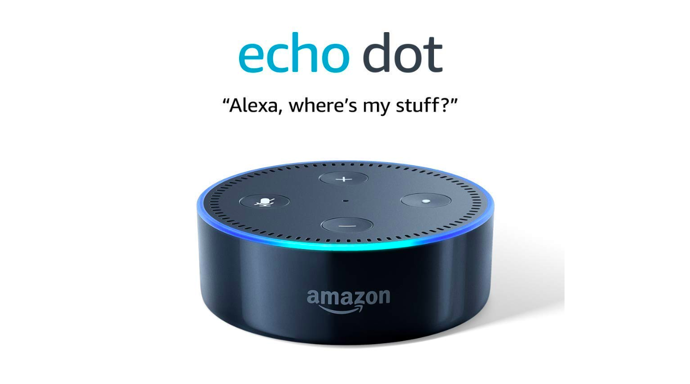 The black Amazon Echo Dot is shown against a white background. 