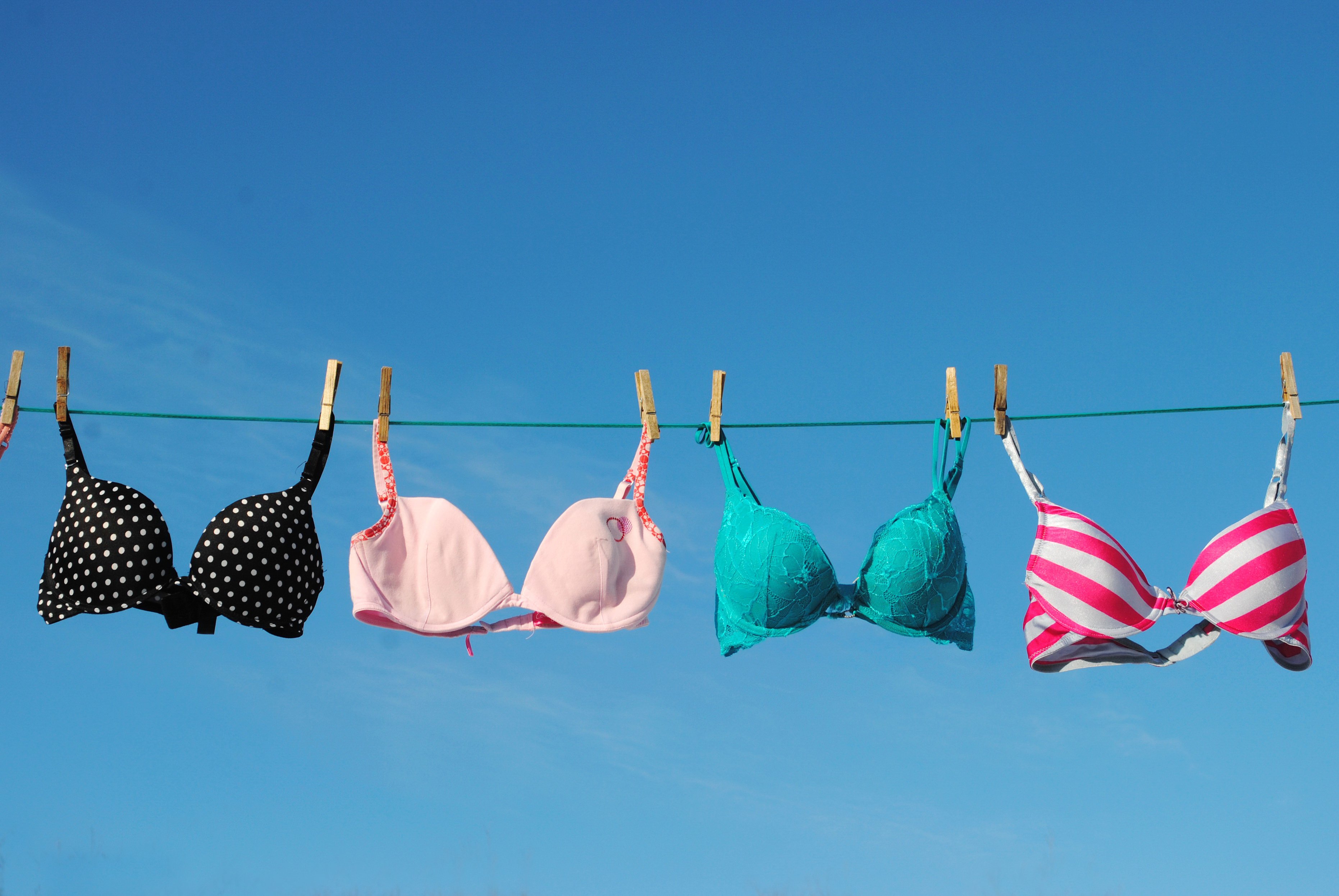Bras on a clothesline.