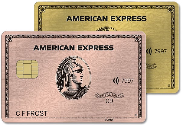 American Express Gold Card in gold and rose gold.