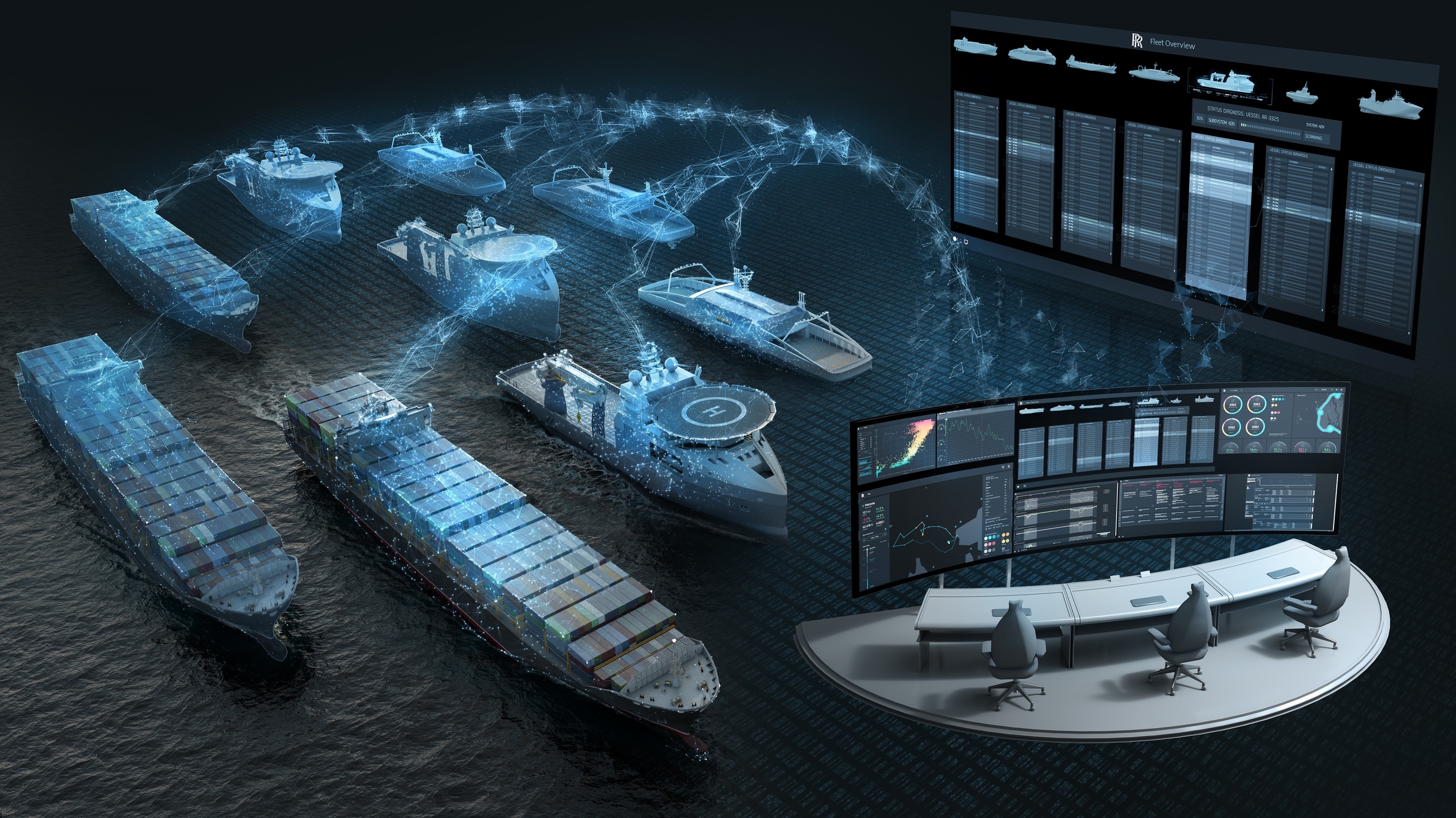 A graphic of ships transmitting information back to a data center for analysis.