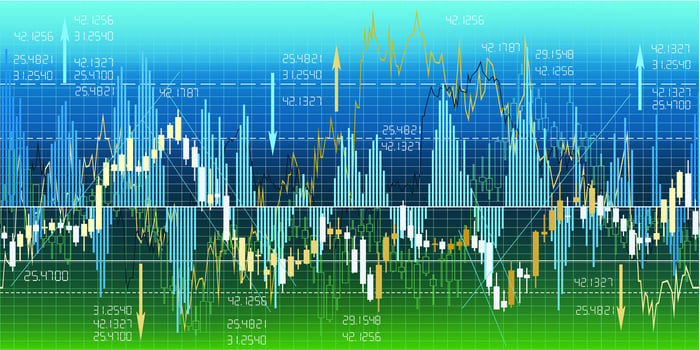 Up-and-down stock graph in shades of blue and green