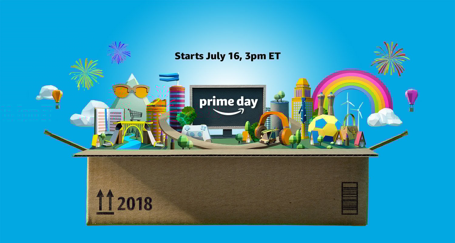 An computer-generated image of an Amazon box opening with a multitude of items coming out and a sign the says, "Prime Day. Starts July 16, 3PM Eastern Time."