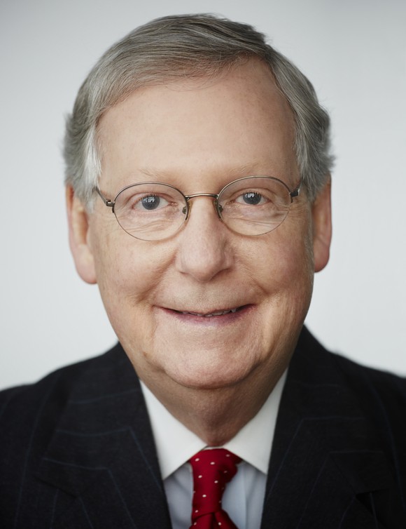 A smiling photo of Kentucky Senator Mitch McConnell. 