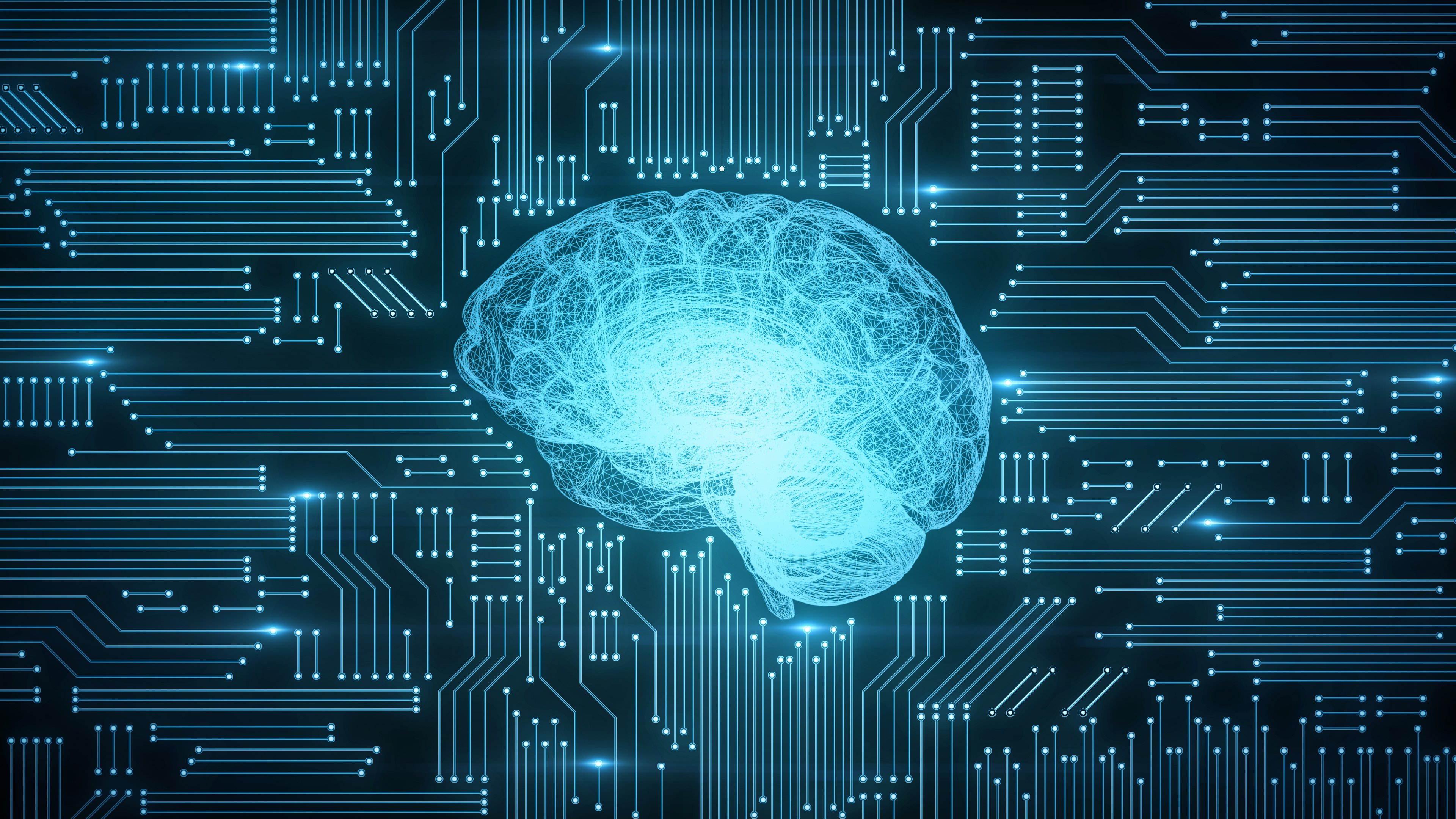 Holographic image of a brain surrounded by computer circuits.
