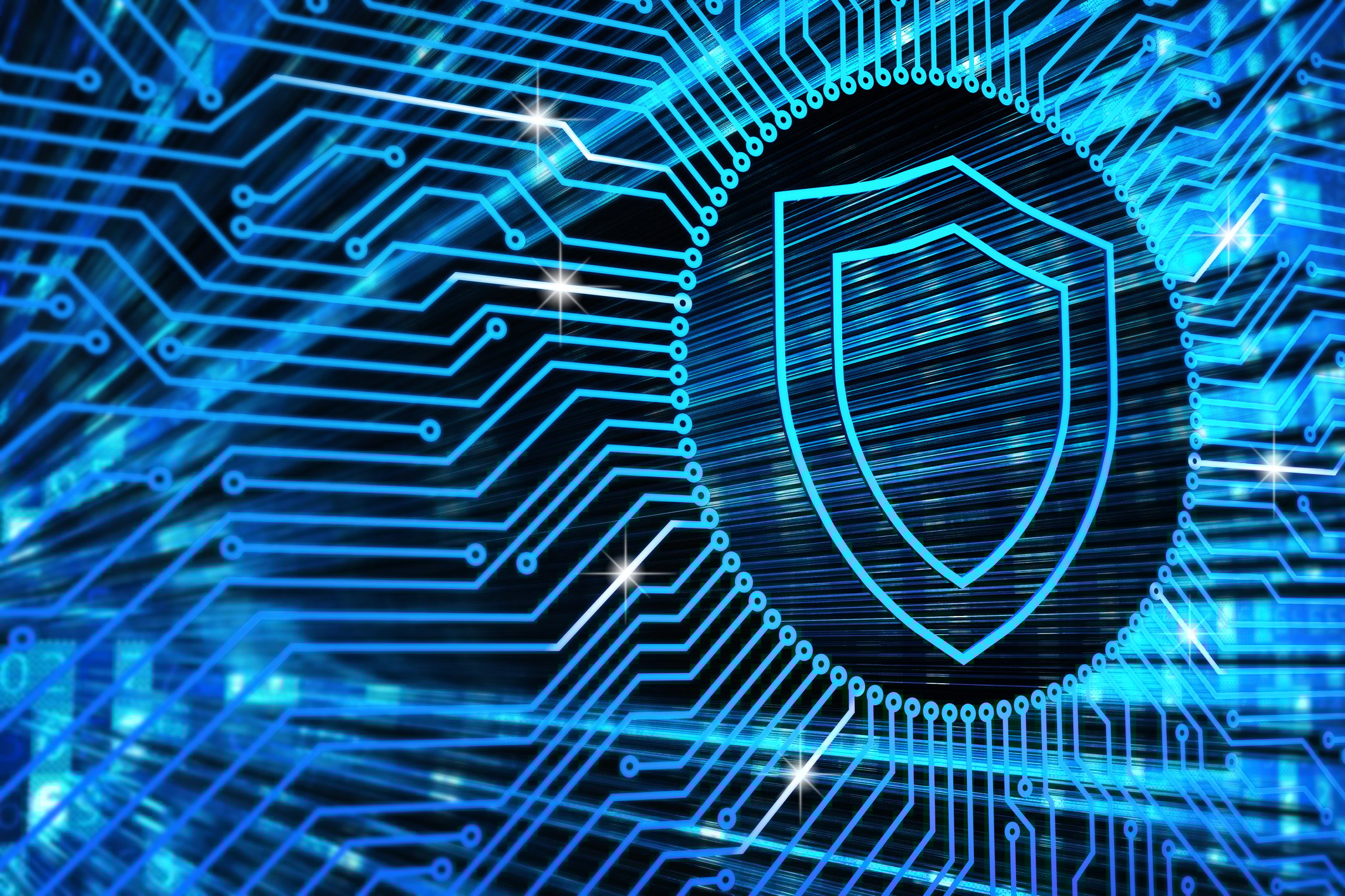 Stylized image of a neon shield against a background reminiscent of computer circuits