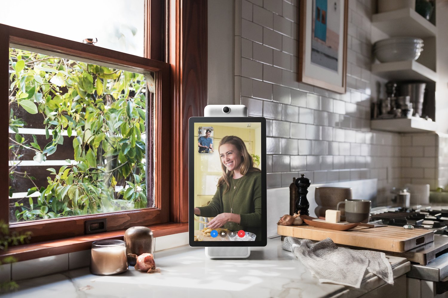 Image of Facebook's Portal device sitting on kitchen counter.