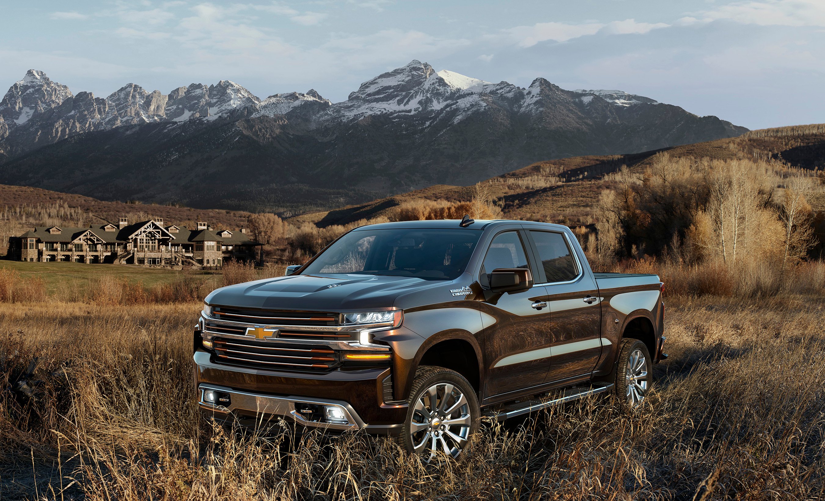A dark gray 2019 Chevrolet Silverado pickup, parked in a field with mountains in the background.