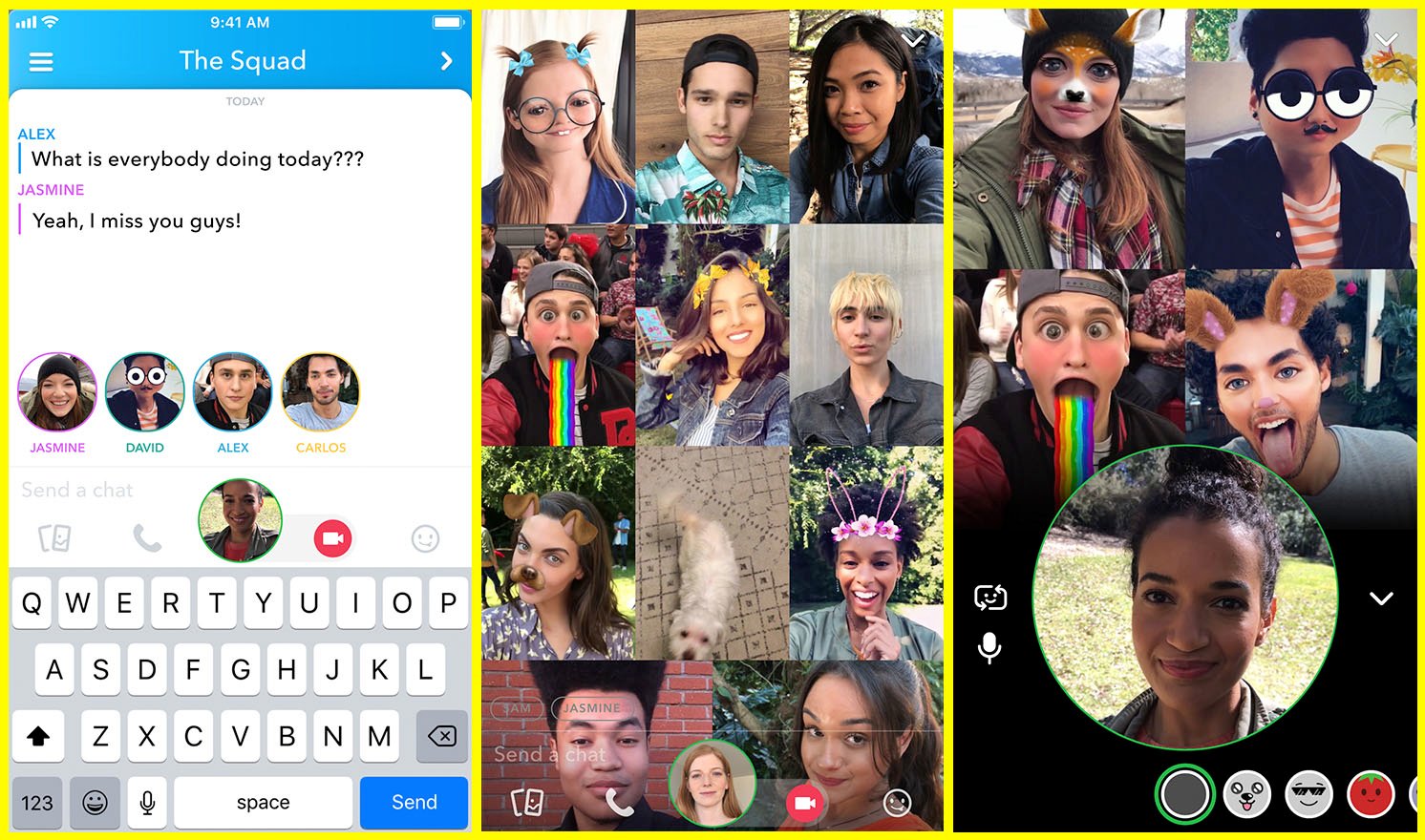 Snapchat's group video chat feature with several users in video chat playing with filters.