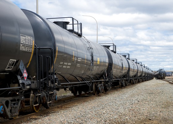 A line of oil tank cars.