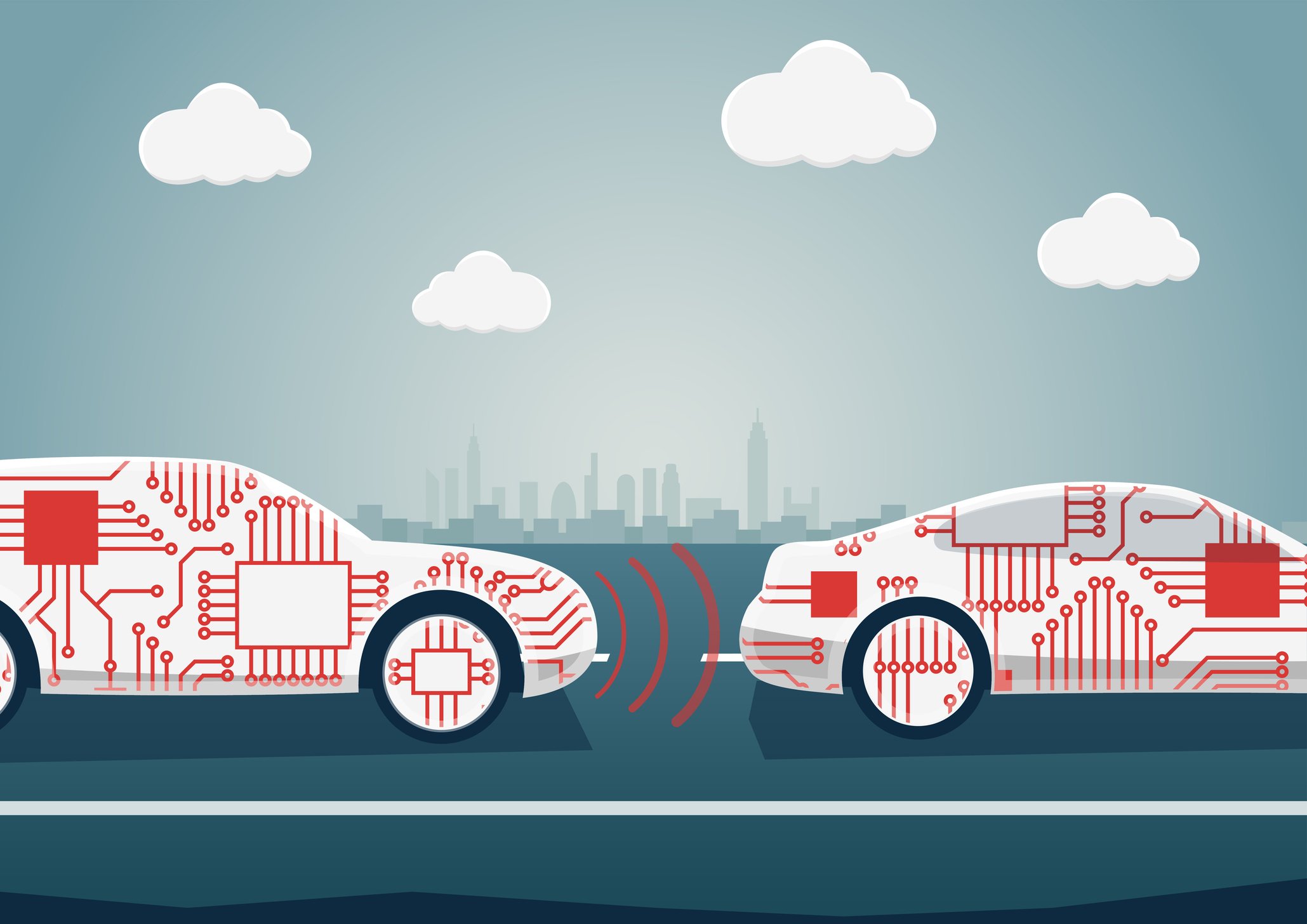 Graphic of two cars with computer chips on them driving on the road.