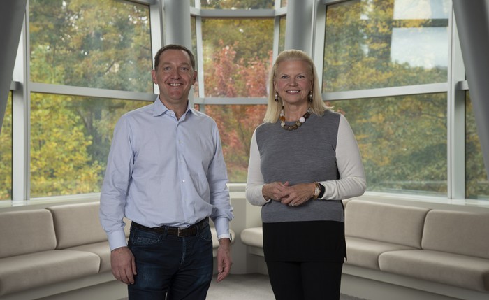 IBM CEO Ginni Rometty on the right and Red Hat CEO Jim Whitehurst on the left.