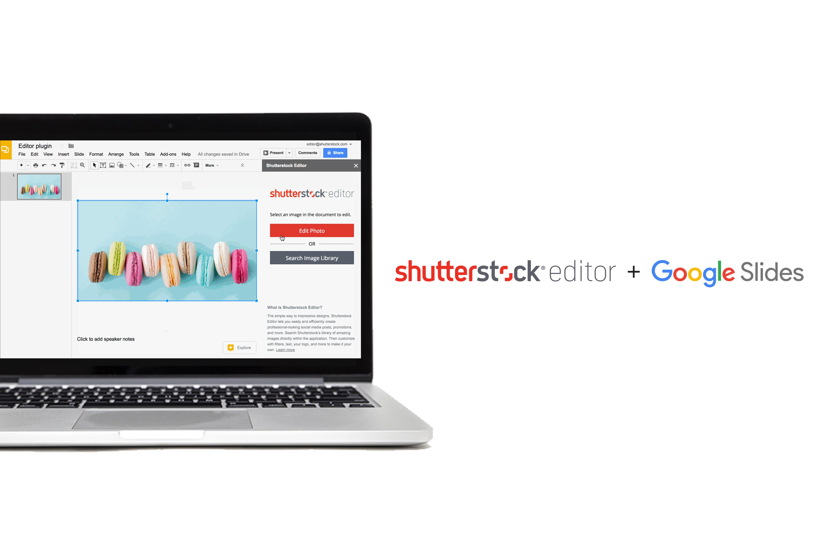 Laptop running image software, with logos for Shutterstock and another tech company at right.