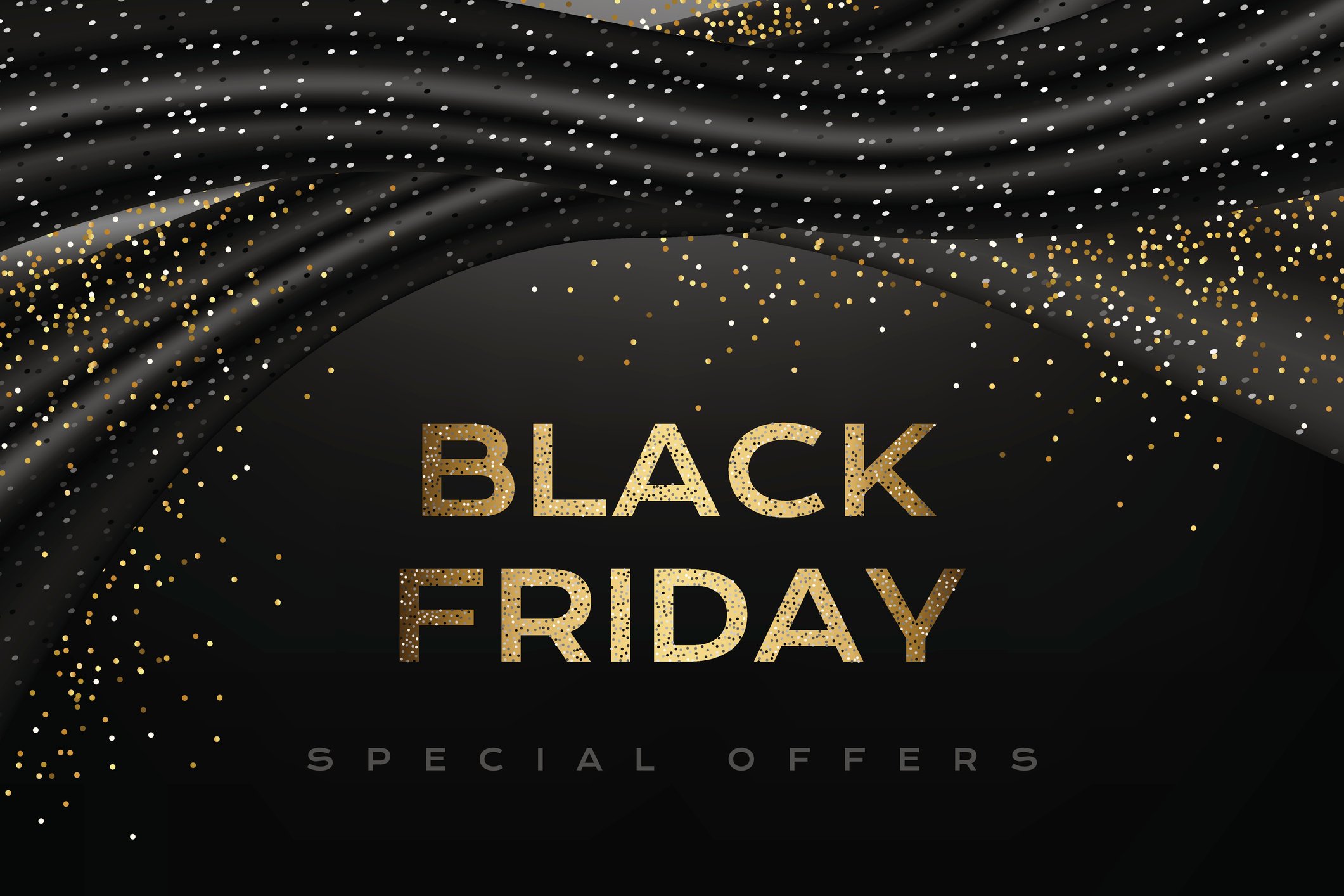 The words black friday special offers against a black background with gold confetti.