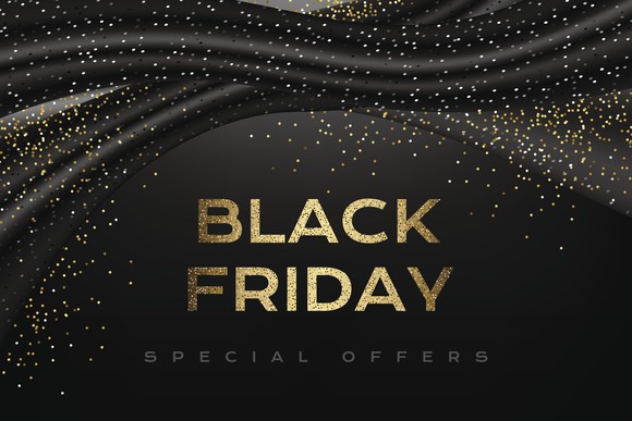 The words black friday special offers against a black background with gold confetti.
