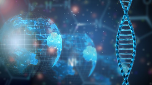 3D wireframe images of Earth next to a DNA double helix, with a chemical structure in the background