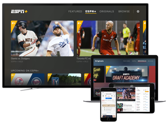 ESPN+ on a television, a laptop, a tablet, and a smartphone.
