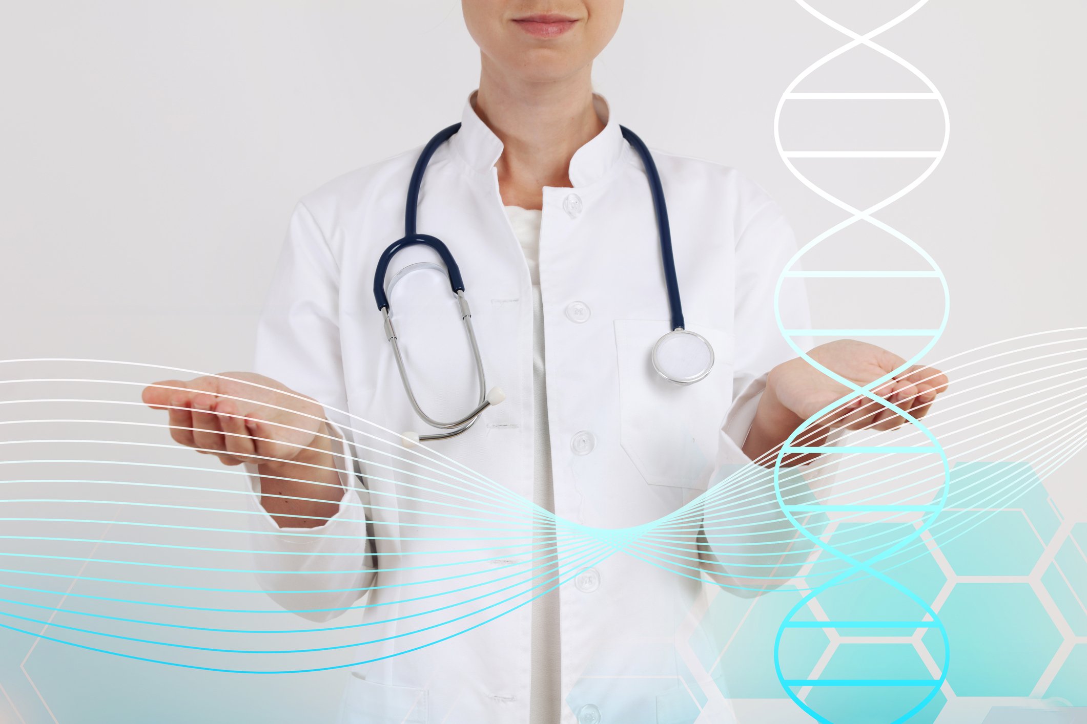 Doctor with stethoscope around her neck holding palms upward with image of a DNA helix in the foreground