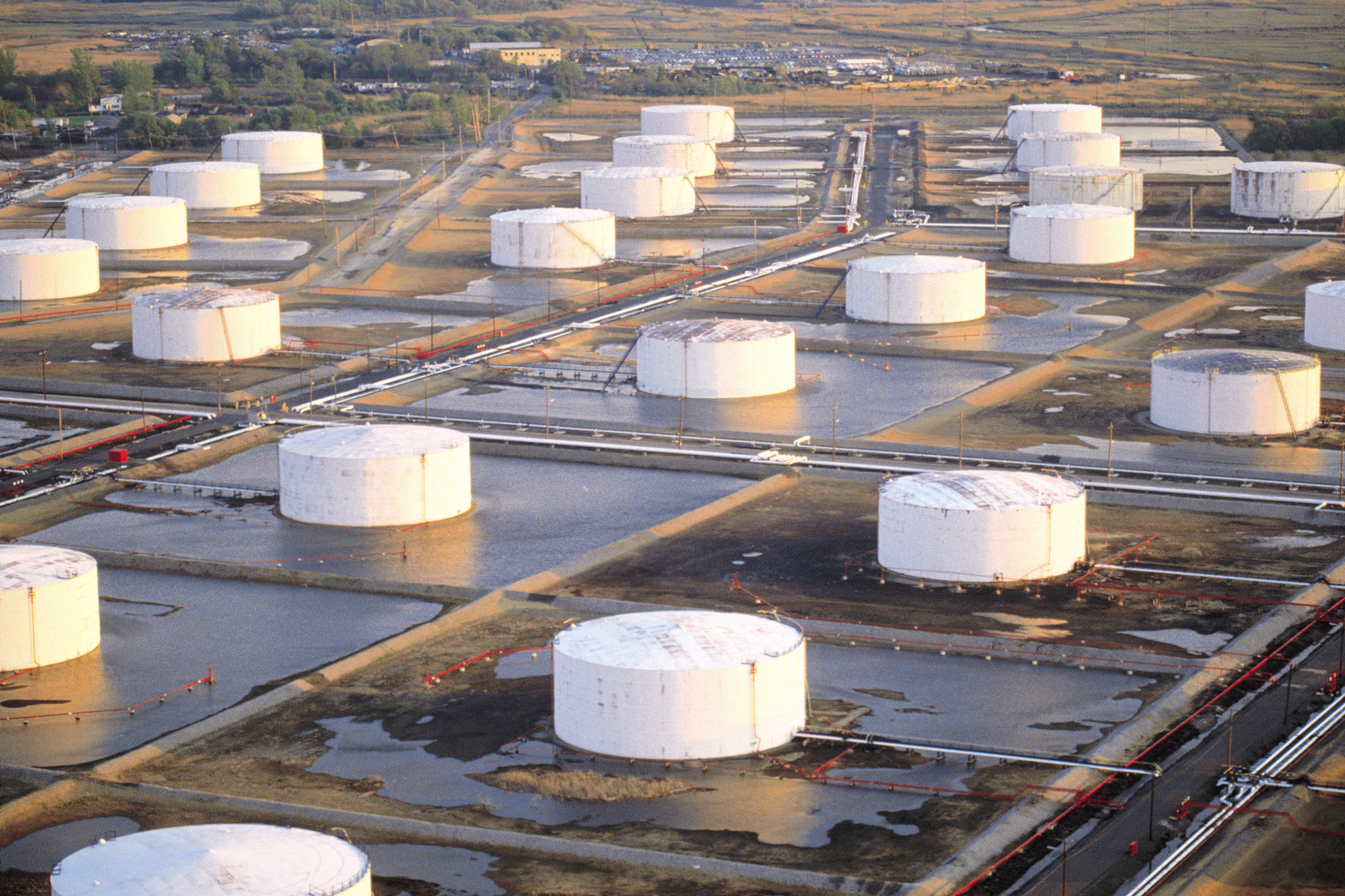 Oil storage tanks.