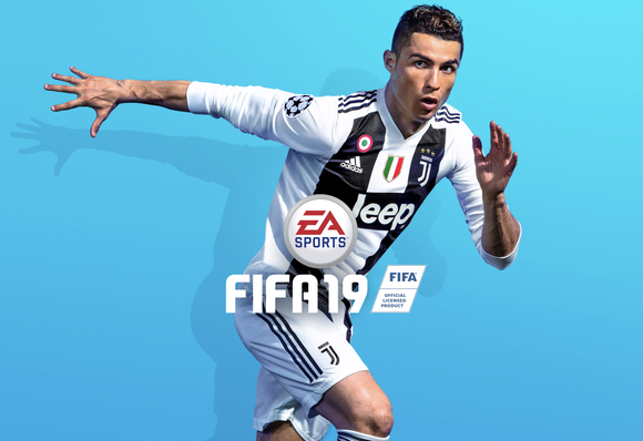 Game art for Electronic Arts' FIFA 19 featuring a soccer player against a blue background, with the EA Sports logo and FIFA 19 title displayed in the center.
