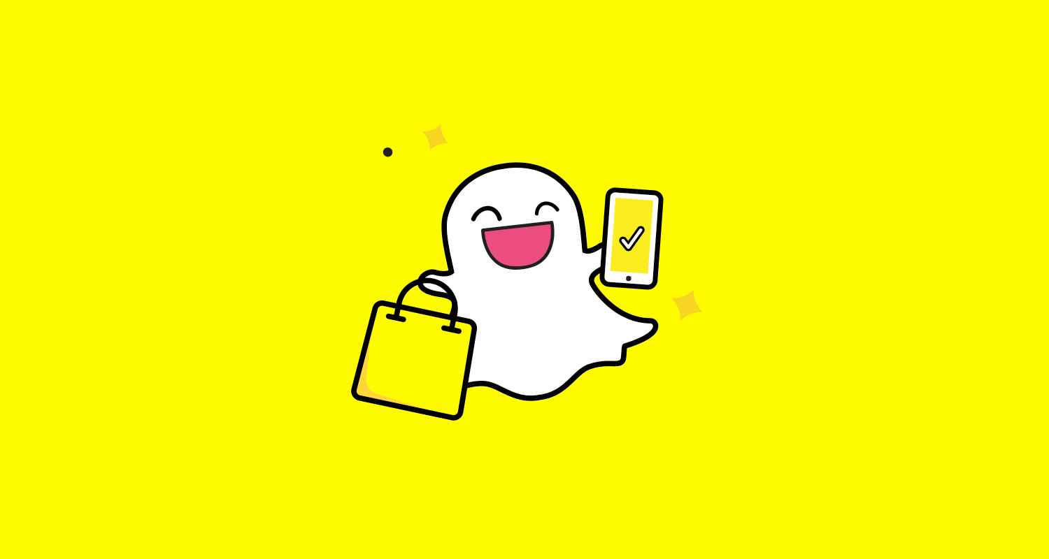 Smiling ghost holding a mobile device and bag.