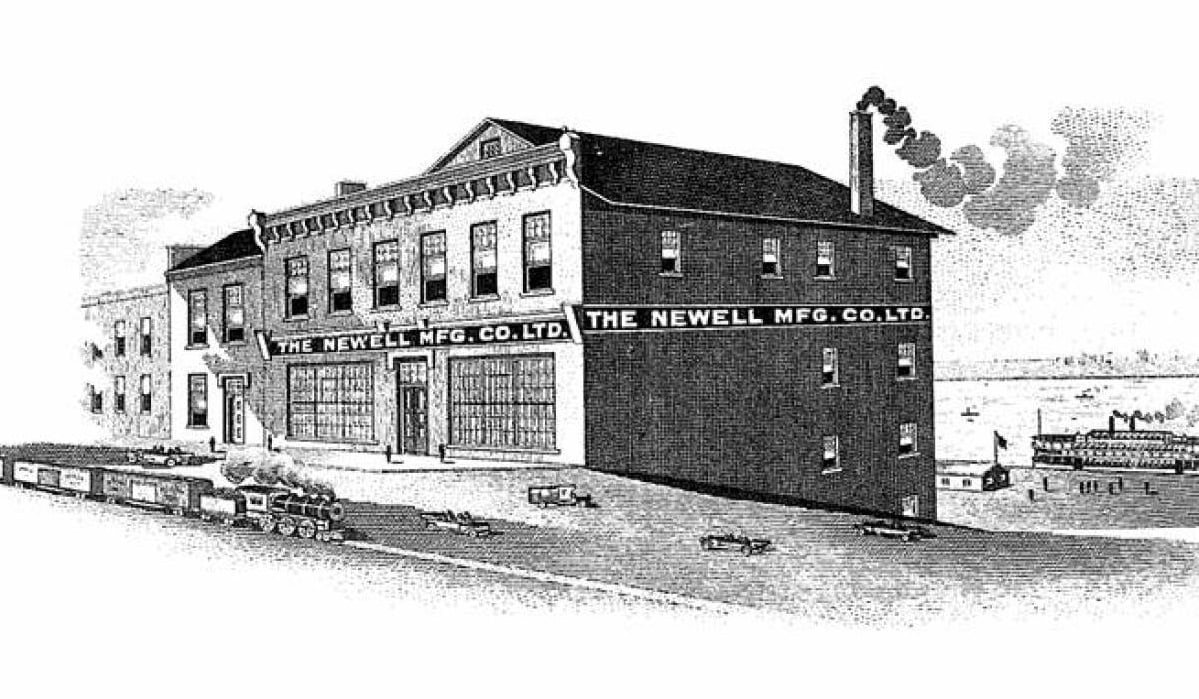 Pen-and-ink of Newell Manufacturing building, with old-fashioned steam railroad and steamboat in background.