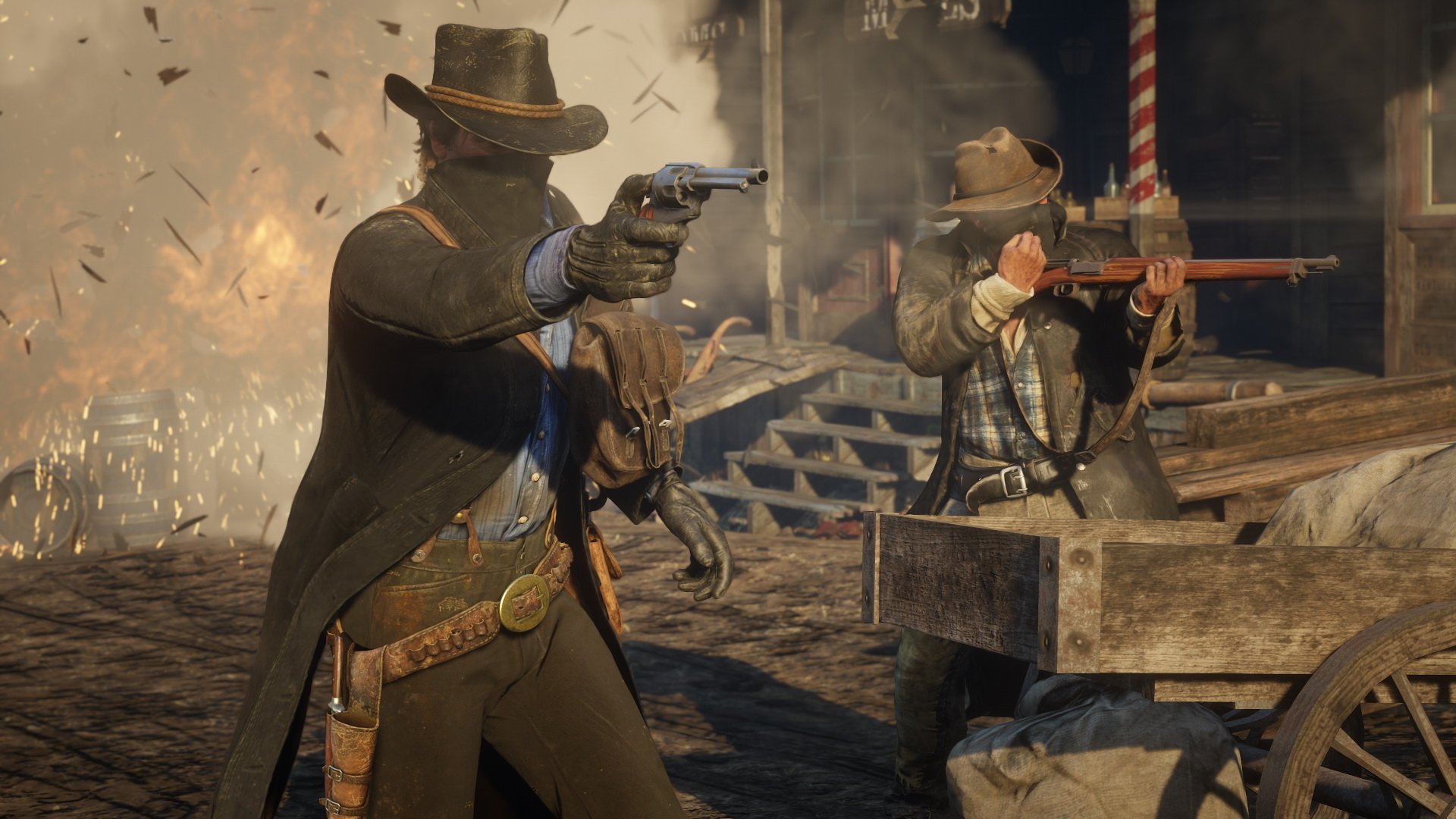 Two cowboys firing guns in front of an explosion.