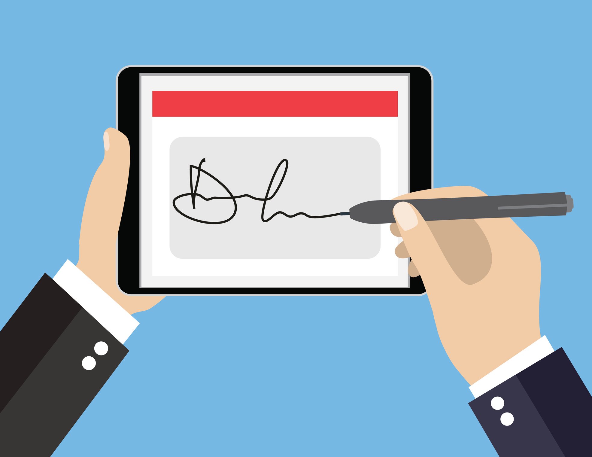 Cartoon of a businessman signing his name on a tablet