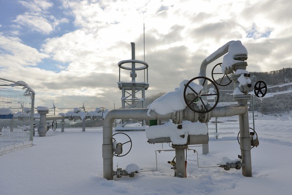 A natural gas well covered in snow.