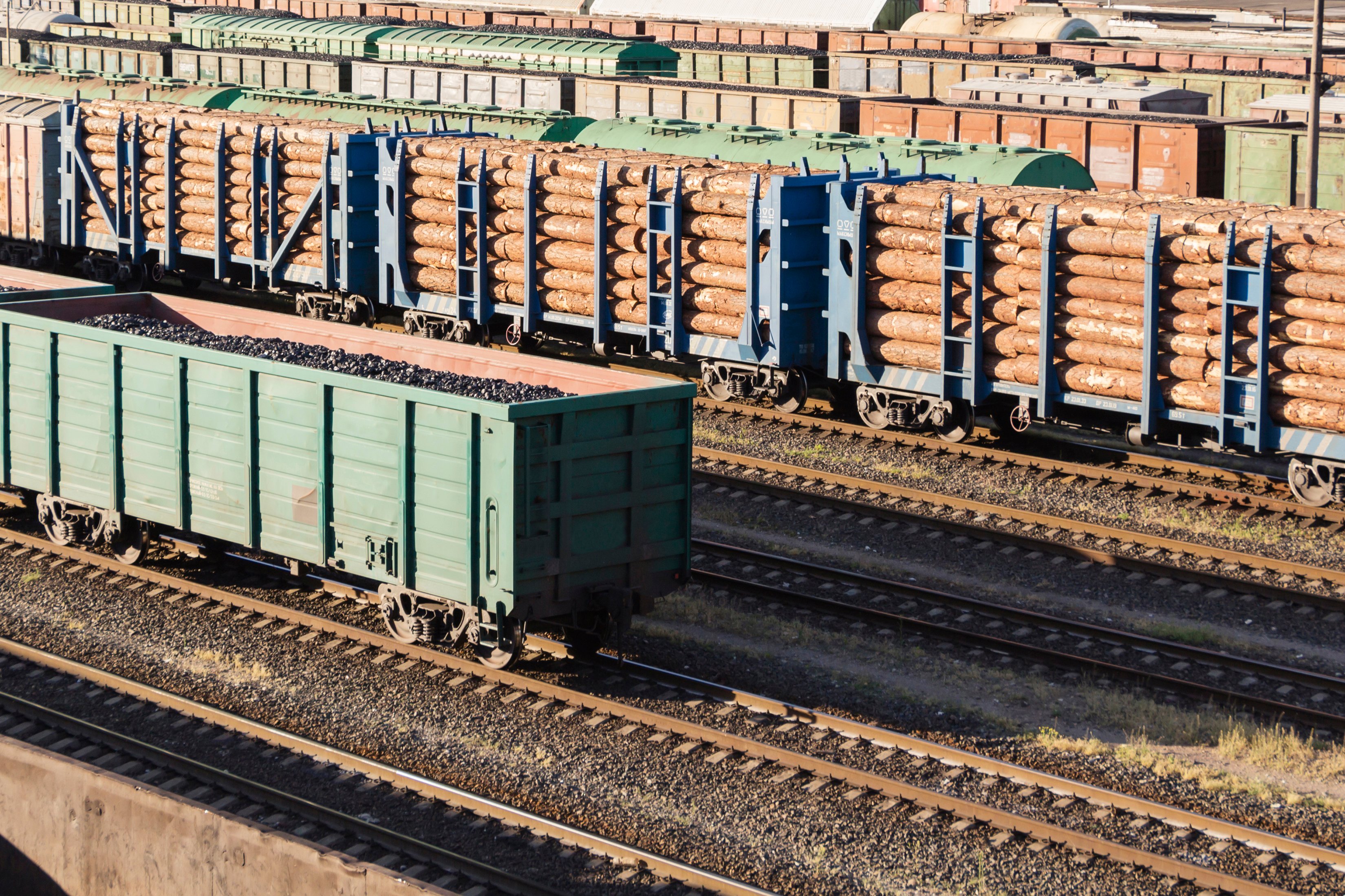 A railcar loaded with wood. 