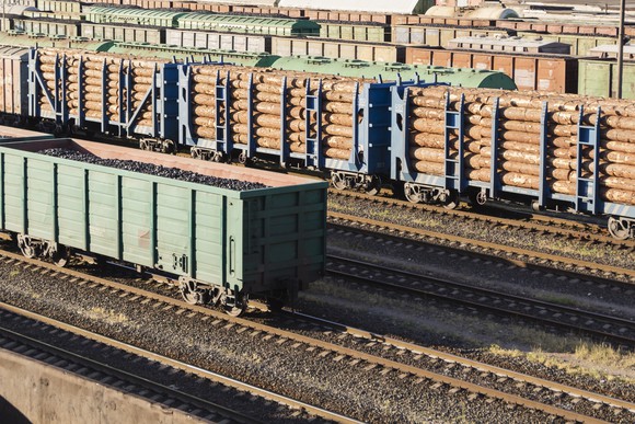 A railcar loaded with wood. 