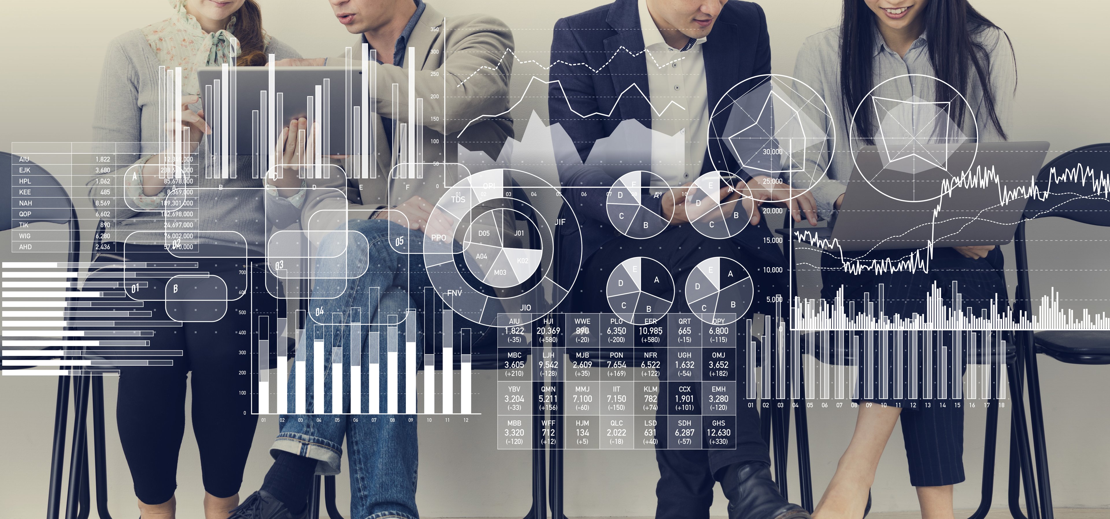 Users pointing at a variety of Big Data visualizations.
