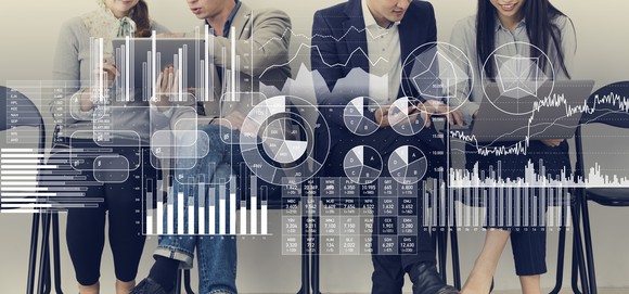 Users pointing at a variety of Big Data visualizations.