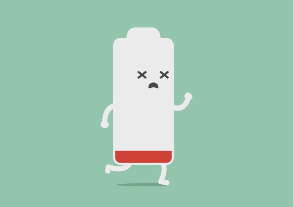 A cartoon of a battery with almost no charge left and a sad face.