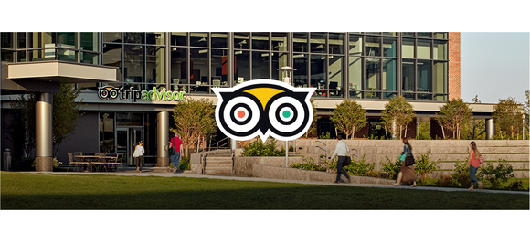 Building with TripAdvisor logo and with several people walking in, with owl logo superimposed.