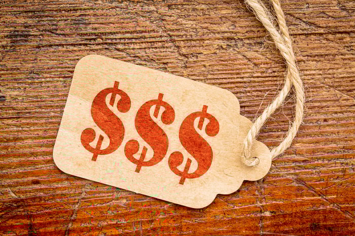 A price tage with dollar signs on it.