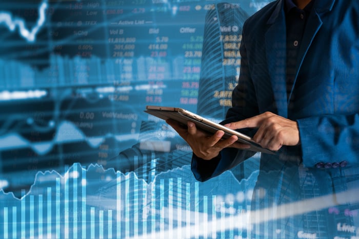 Man with finger on tablet surrounded by stock graphs.