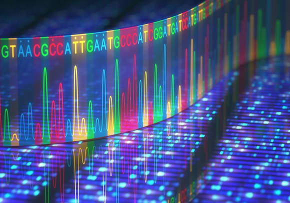 Colorful sequence of DNA code as read by a sequencer.