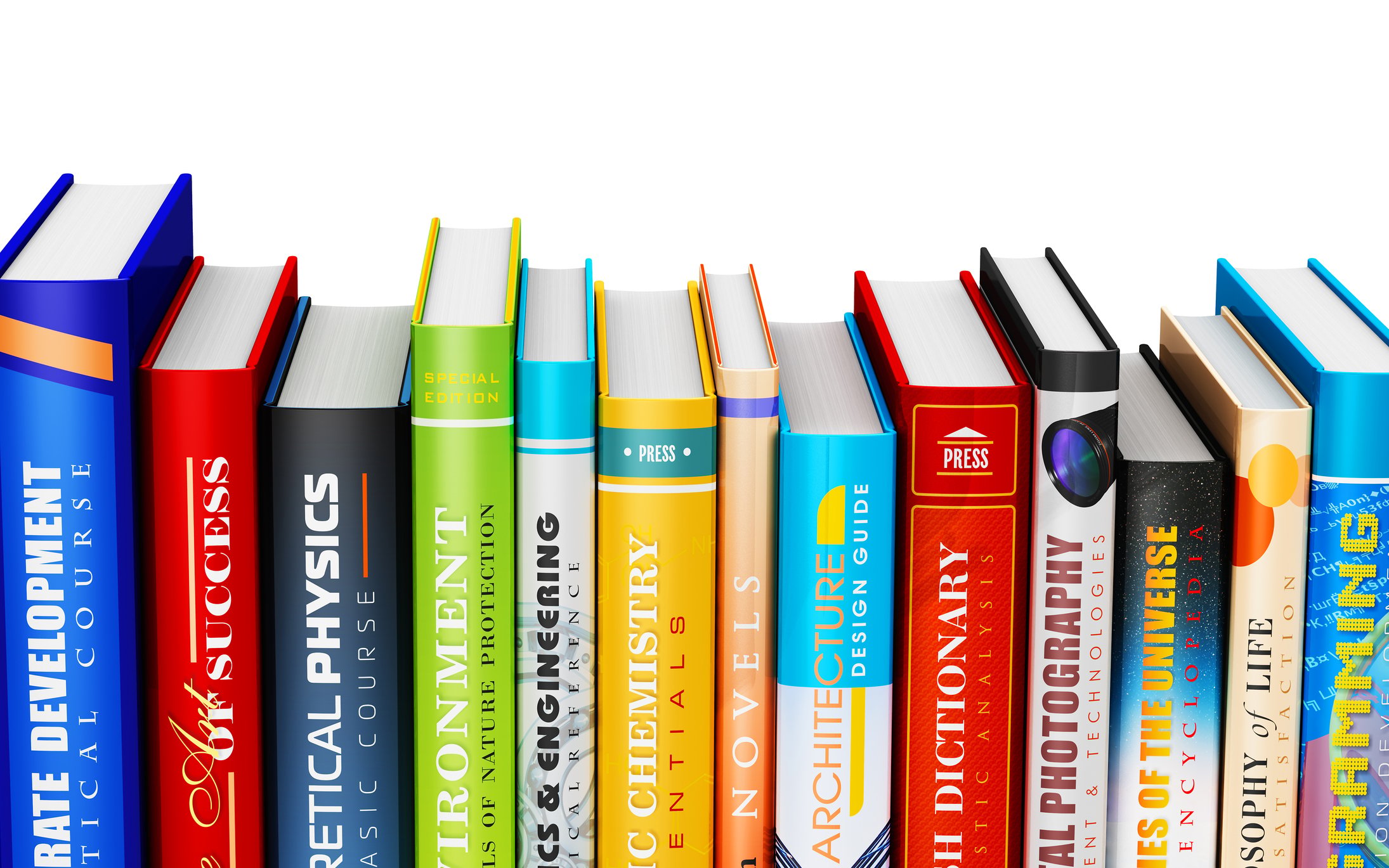 Row of brightly colored textbooks.