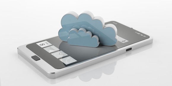 Digital rendering of a smartphone with two cartoonish clouds rising out of the screen.