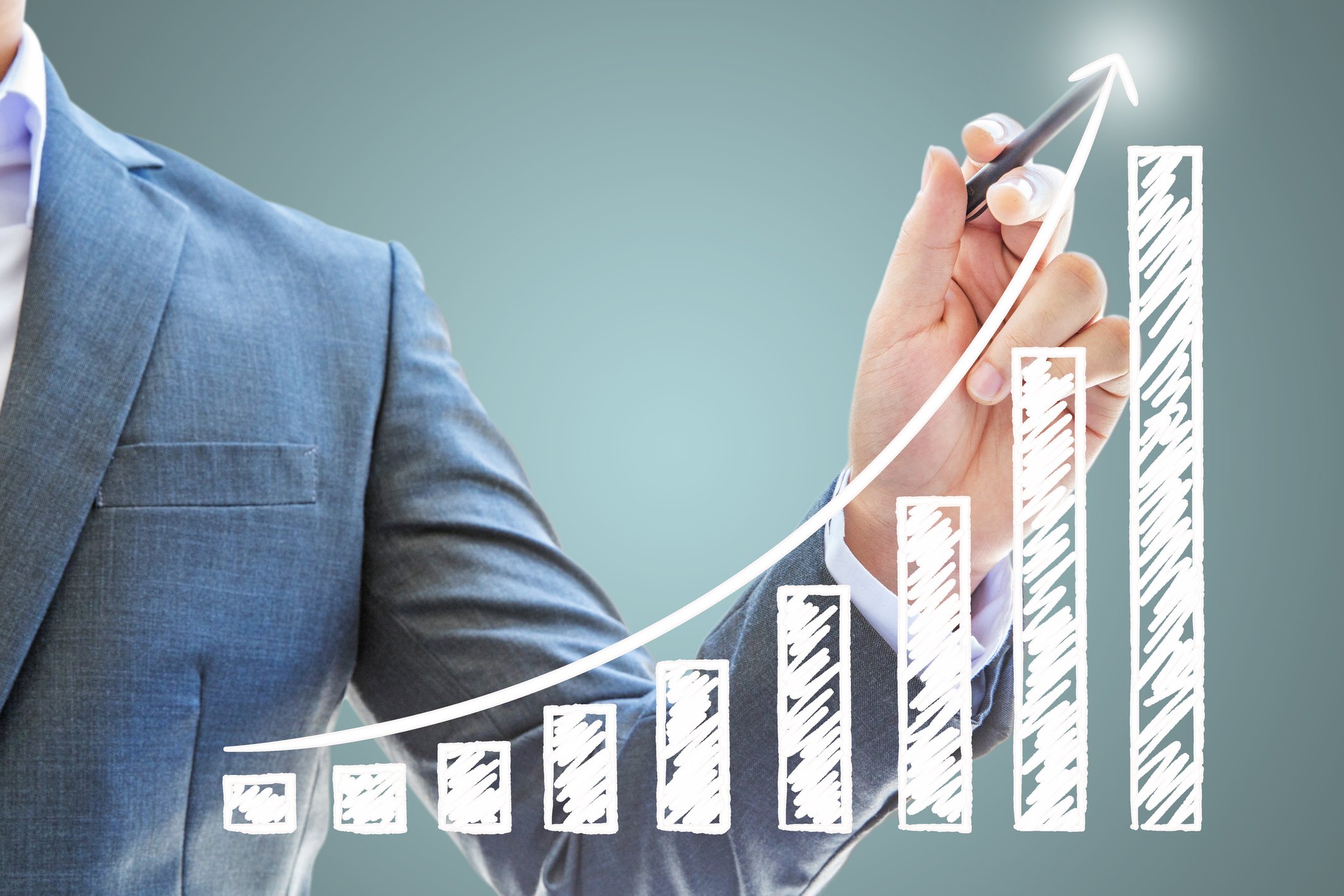 A bar chart with an arrow highlighting a strong growth trend.