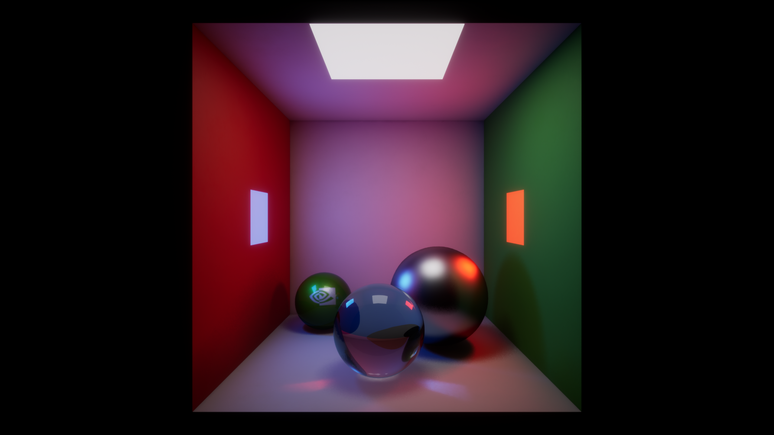 A rendering of metal and glass balls inside a multicolored box with various light sources, demonstrating NVIDIA's ray-tracing technology