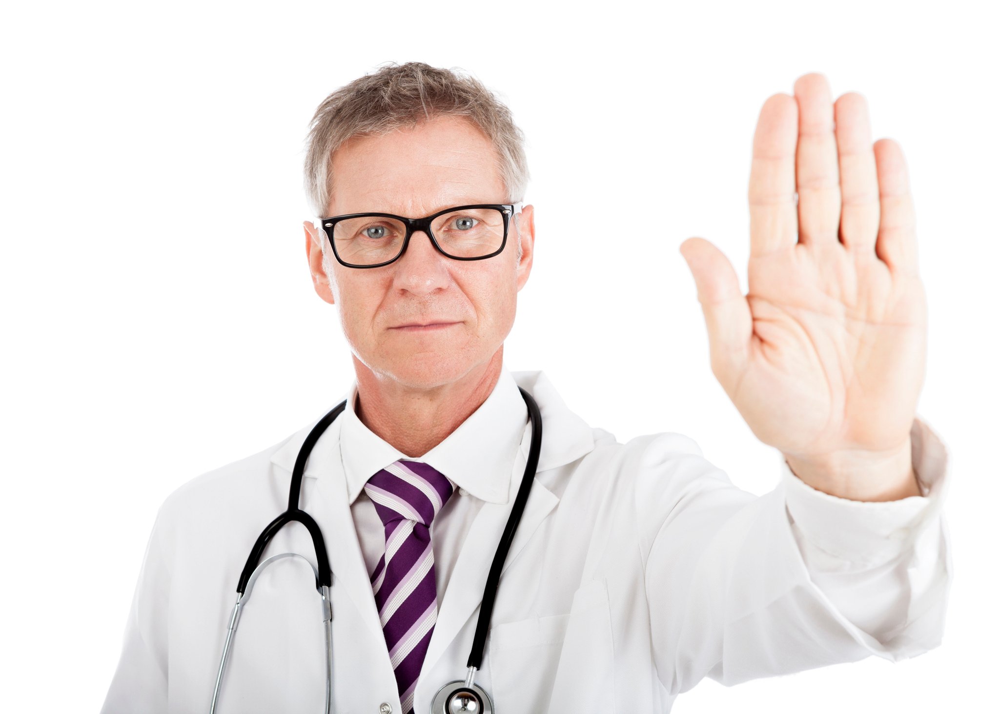Doctor holding up hand saying "stop."