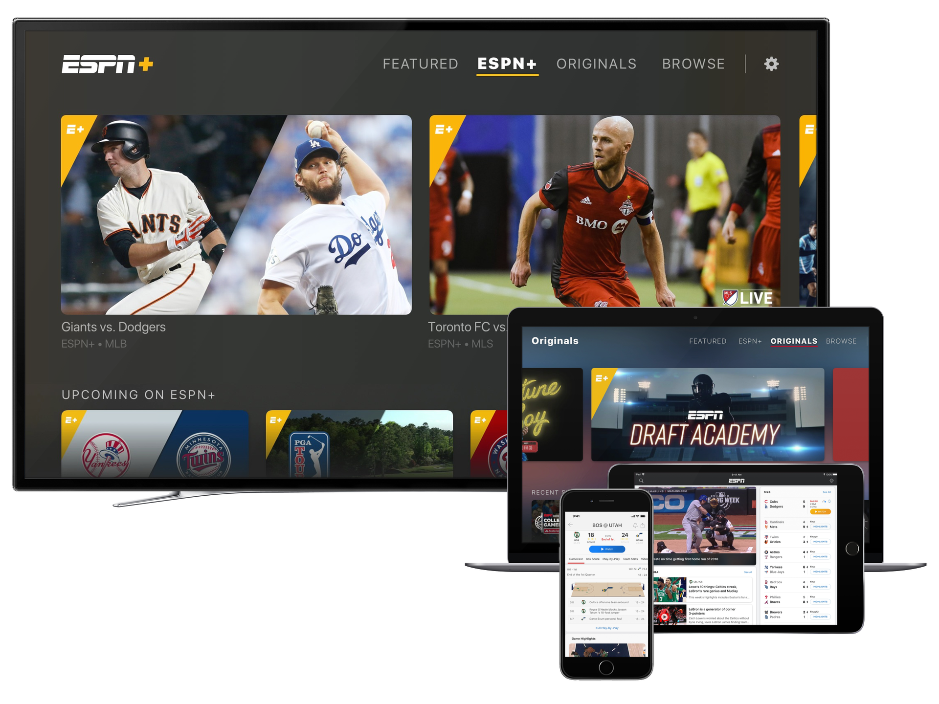 ESPN+ on a television, laptop, tablet, and smartphone.