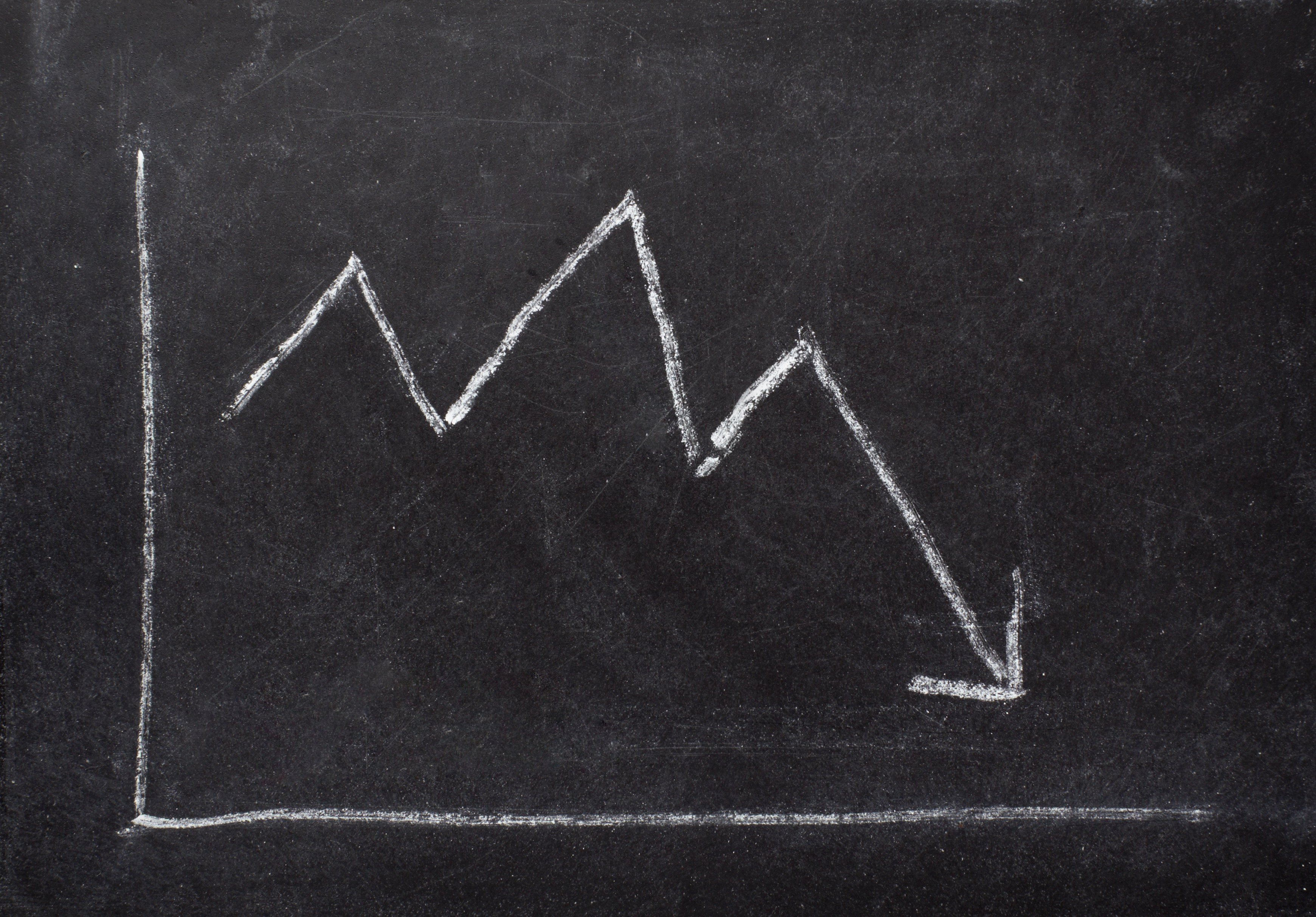 A blackboard with a chalk sketch of a chart showing an arrow pointing down.