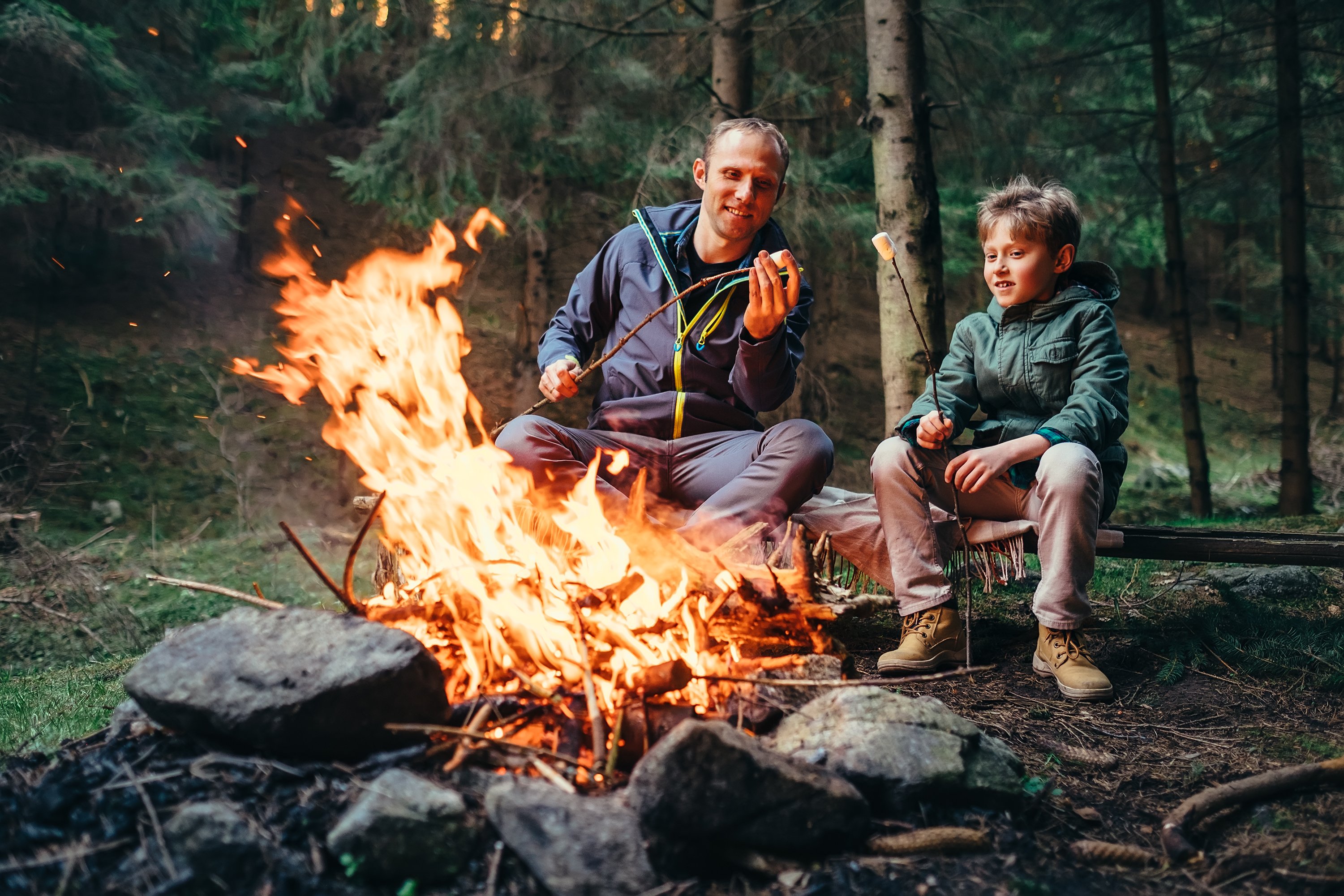 Dad and son toasting marshmallows at a campfire