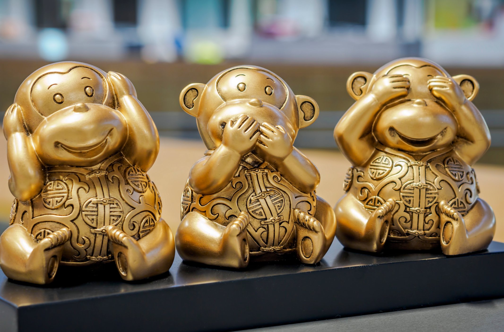 Brass monkeys depicting "Hear no evil, speak no evil, see no evil."