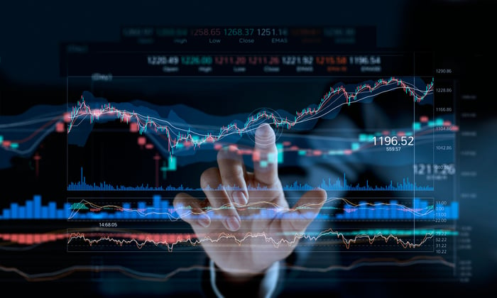 Hand pointing to rising stock graph.