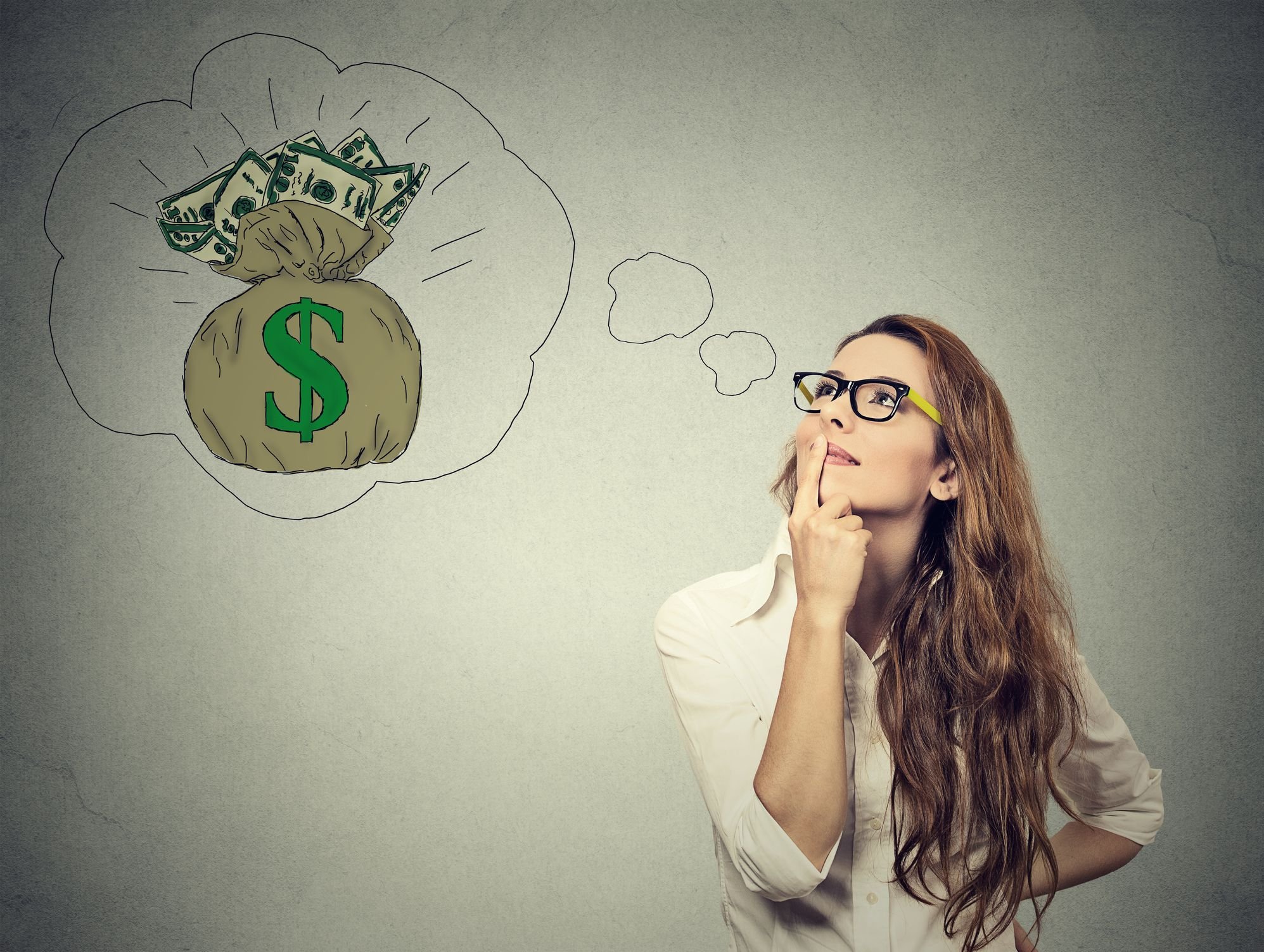 A bespectacled woman, with her forefinger on her lips, looking up at a thought bubble containing a bag with cash inside