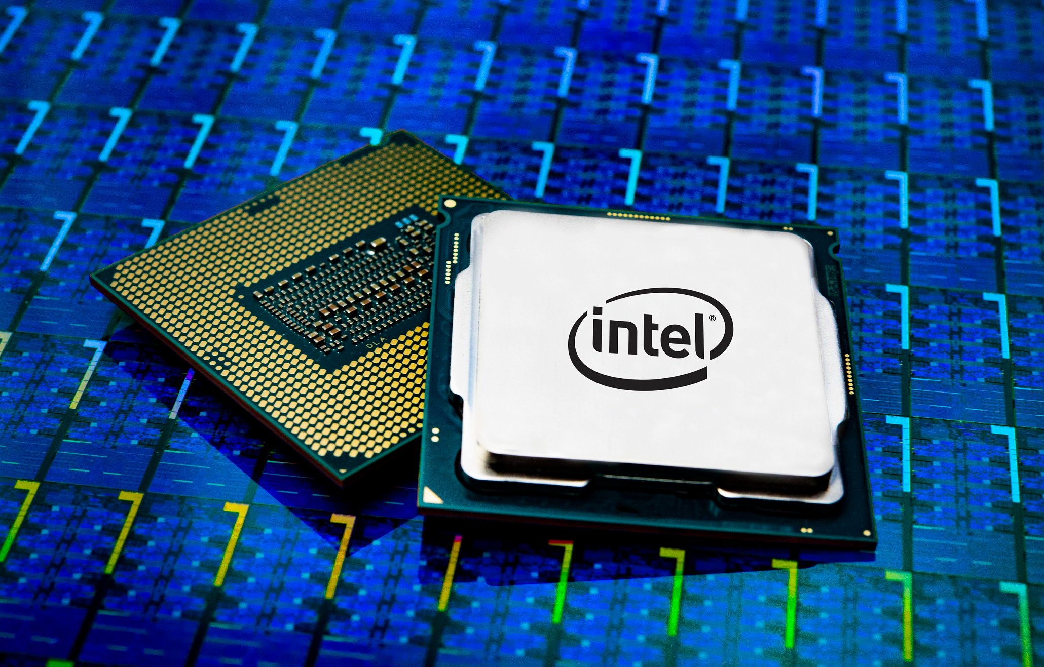 Two Intel processors on top of a wafer.
