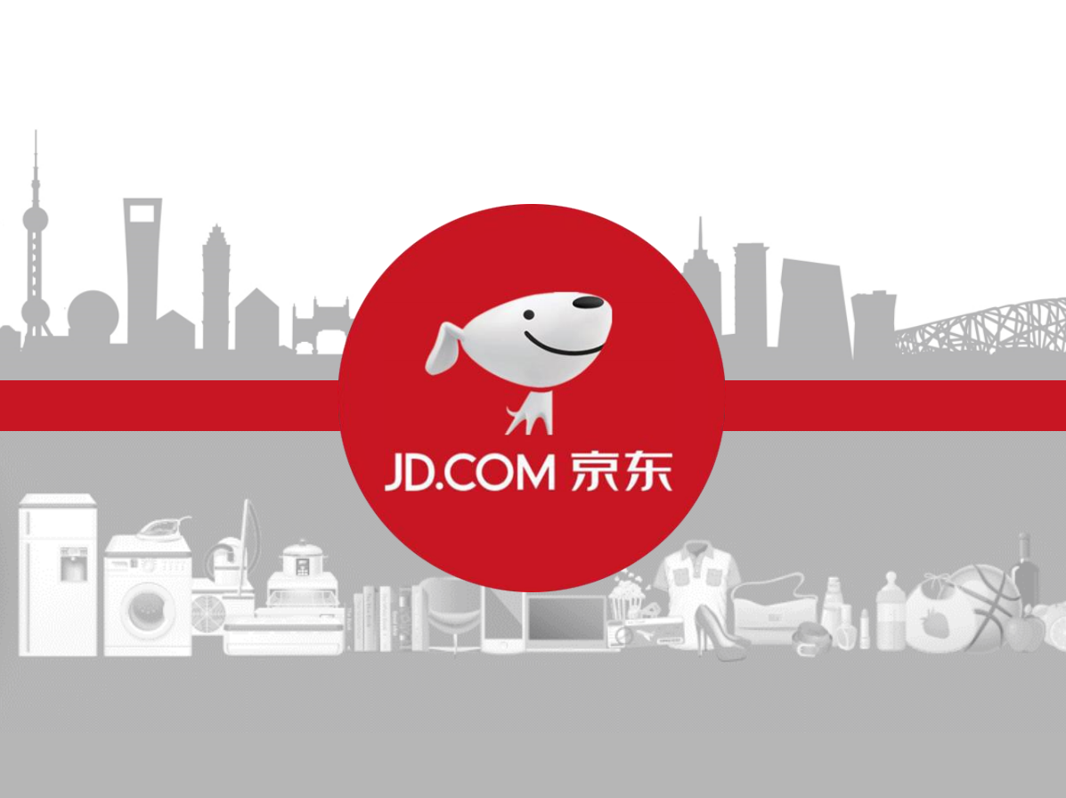 JD's corporate logo in front of a selection of popular items from the company's online marketplace.